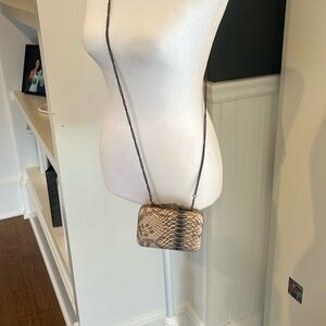 Beige Black Snakeskin Clutch with antique Gold Chain.  Vintage